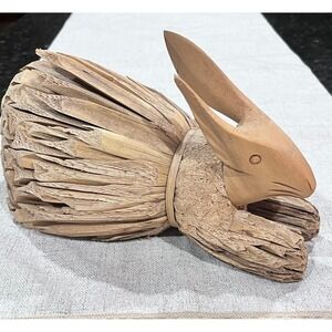 VTG Corn Husk Bunny Rabbit Carved Wood Head Handmade Primitive Folk Art